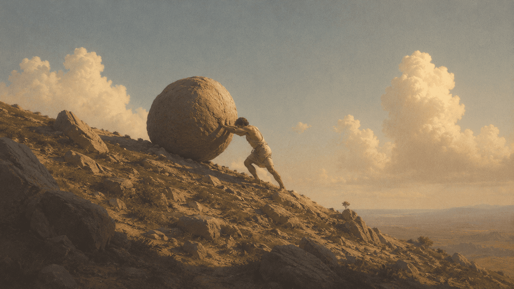 Sisyphus rollt einen Felsbrocken den Berg hinauf
